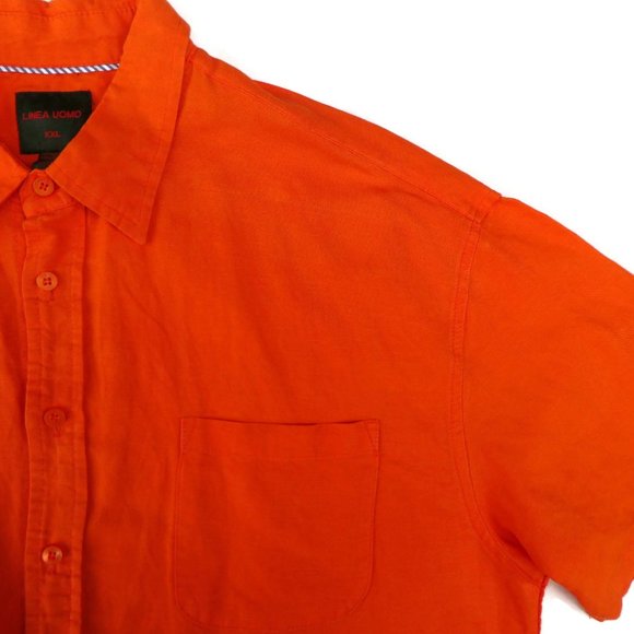 Linen Blend Shirt Neon Orange Button Up Short Sleeve XXL Mens Side Vents Pocket - Picture 4 of 7